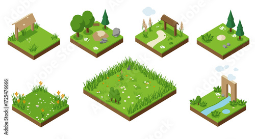 Isometric nature elements: modular green landscapes and garden tiles