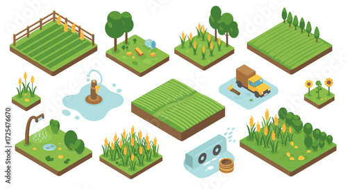 Isometric farming elements with iconic farm equipment and scenic landscapes
