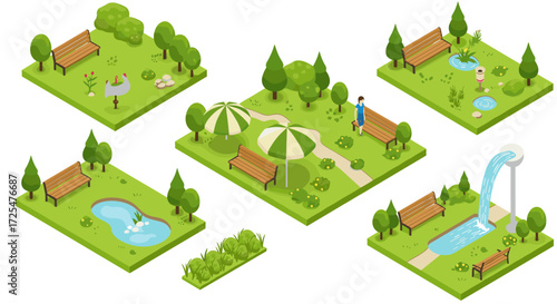 Isometric park elements: benches, fountains, walkways, and nature in a peaceful green setting