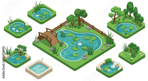 Isometric garden ponds with bridge and lily pads in nature scene