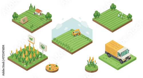 Isometric farm concept with field, tractor, and produce elements for agricultural design