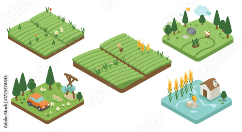 Isometric agricultural landscapes with farmlands and nature elements