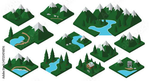 Isometric mountain landscapes with rivers and forest elements for design projects