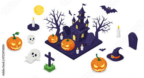 Spooky isometric halloween scene with haunted house and pumpkins