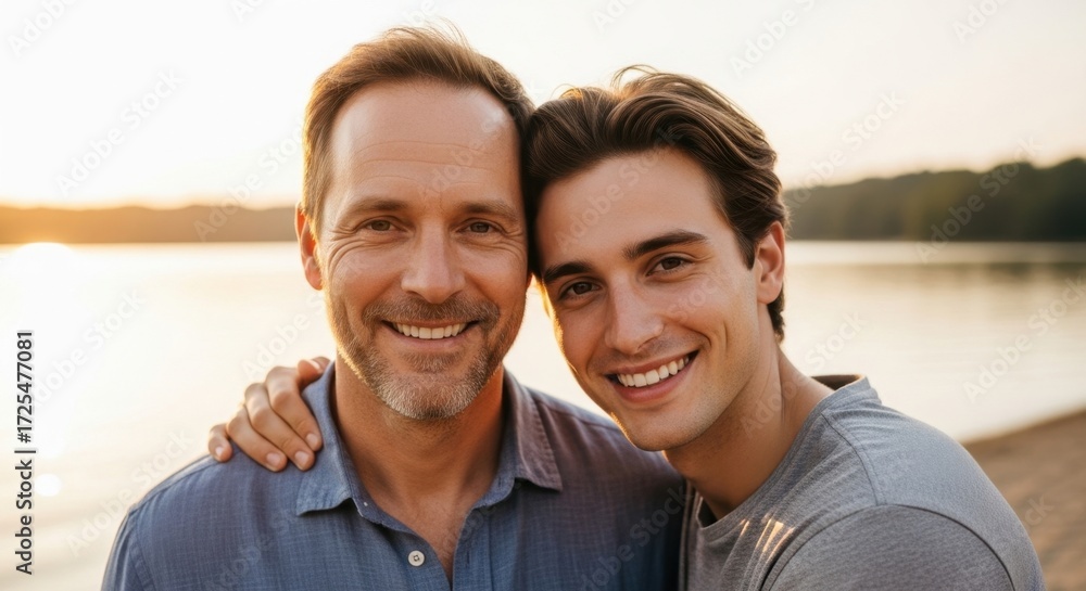 Obraz premium Happy caucasian father and adult son smiling and embracing outdoors at sunset by a lake