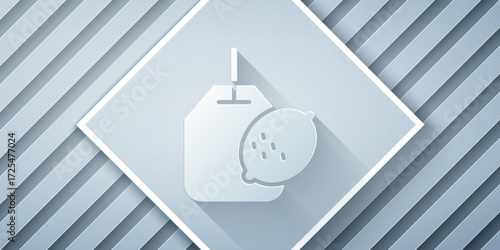Paper cut Tea bag with lemon icon isolated on grey background. Paper art style. Vector