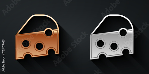 Gold and silver Cheese icon isolated on black background. Long shadow style. Vector