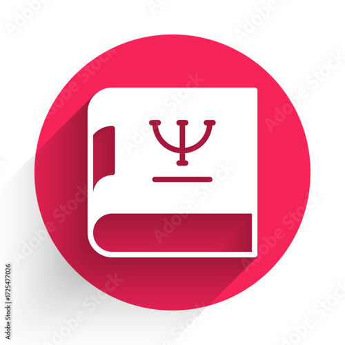 White Psychology book icon isolated with long shadow background. Psi symbol. Mental health concept, psychoanalysis analysis and psychotherapy. Red circle button. Vector