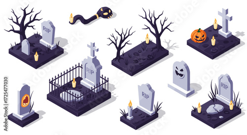 Eerie isometric halloween graveyard with tombstones and candles