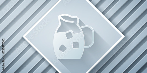 Paper cut Jug glass with water icon isolated on grey background. Kettle for water. Glass decanter with drinking water. Paper art style. Vector