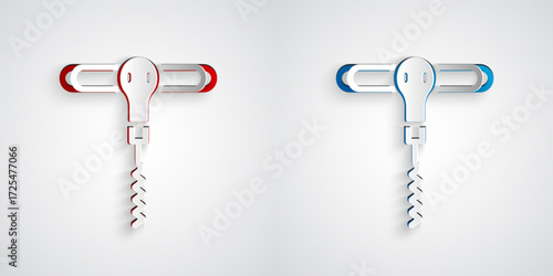 Paper cut Wine corkscrew icon isolated on grey background. Paper art style. Vector