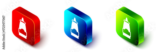 Isometric Sauce bottle icon isolated on white background. Ketchup, mustard and mayonnaise bottles with sauce for fast food. Red, blue and green square button. Vector