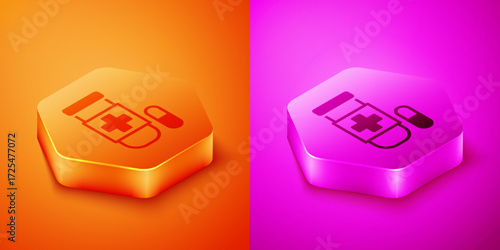 Isometric Antidote icon isolated on orange and pink background. Hexagon button. Vector