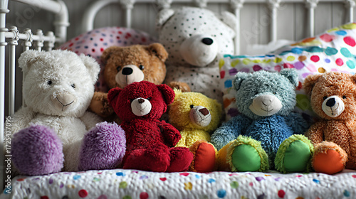 Konstfotografi Colorful collection of plush stuffed animals on a small bed with vibrant polka d