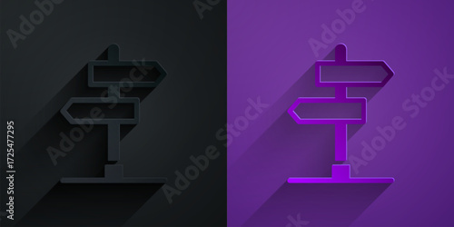 Paper cut Road traffic sign. Signpost icon isolated on black on purple background. Pointer symbol. Isolated street information sign. Direction sign. Paper art style. Vector