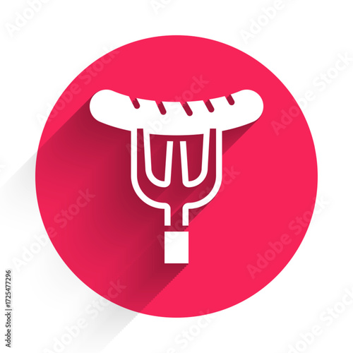 White Sausage on the fork icon isolated with long shadow background. Grilled sausage and aroma sign. Red circle button. Vector