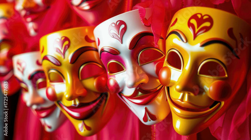 Decorative carnival masks with vivid details, ideal for cultural events, party invitations, or stage performance visuals