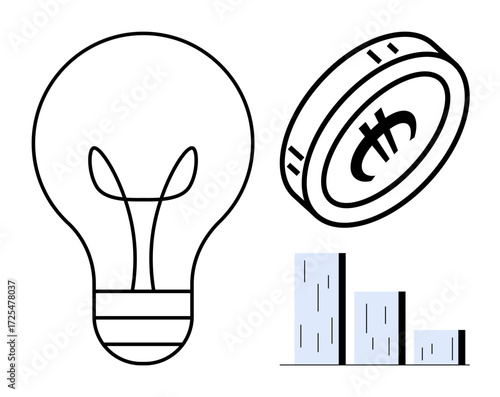 Light bulb symbolizing ideas, coin indicating financial value, and bar graph for analysis. Ideal for innovation, finance, business growth, investment, creativity, problem-solving economical