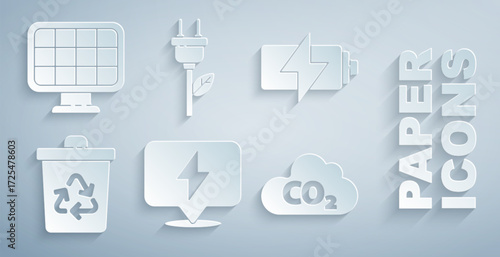 Set Lightning bolt, Battery, Recycle bin with recycle, CO2 emissions cloud, Electric saving plug leaf and Solar energy panel icon. Vector