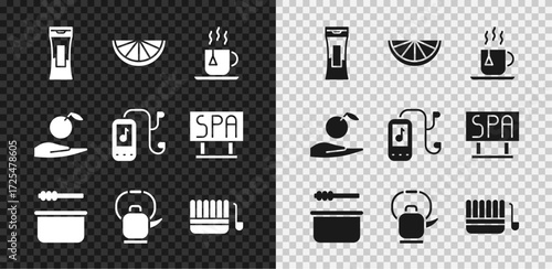 Set Bottle of shampoo, Citrus fruit, Cup tea with tea bag, Sauna bucket and ladle, Kettle handle, Apple in and Music player icon. Vector