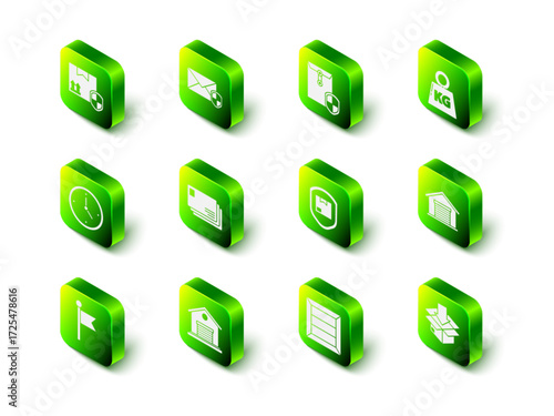 Set Envelope with shield, Weight, Warehouse, Cardboard box traffic symbol, Delivery pack security, Wooden and icon. Vector