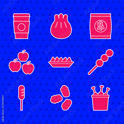 Set Nachos in plate, Chicken nuggets, leg package box, Meatballs on wooden stick, Fried sausage, Apple, Hard bread chucks crackers and Coffee cup to go icon. Vector