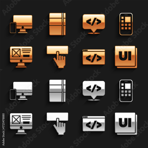 Set Keyboard, Mobile Apps, UI or UX design, Front end development, Monitor and mobile and Sketchbook album icon. Vector