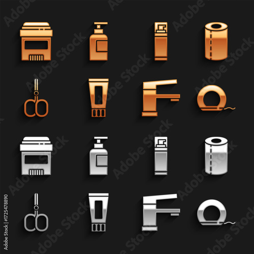 Set Tube of toothpaste, Paper towel roll, Dental floss, Water tap, Nail scissors, Shaving gel foam, Antiperspirant deodorant and Bottle shampoo icon. Vector