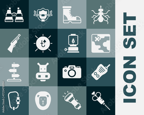 Set Syringe, Walkie talkie, Africa safari map, Hunter boots, Sun, Hunting gun, Binoculars and Camping lantern icon. Vector