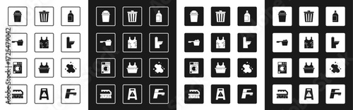 Set Bottle for cleaning agent, Dirty t-shirt, Washing powder, Trash can, Toilet bowl, Water spill and Washer icon. Vector