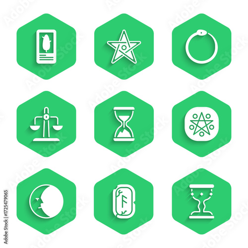 Set Old hourglass with sand, Magic runes, Medieval goblet, Pentagram in circle, Moon, Libra zodiac, Ouroboros and Tarot cards icon. Vector