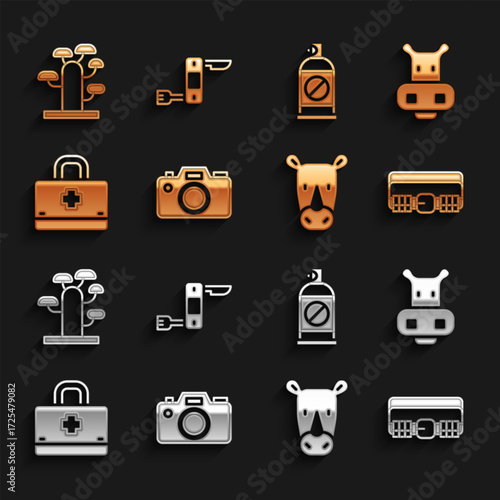 Set Photo camera, Hippo or Hippopotamus, Hunting cartridge belt, Rhinoceros, First aid kit, Spray against insects, African tree and Swiss army knife icon. Vector