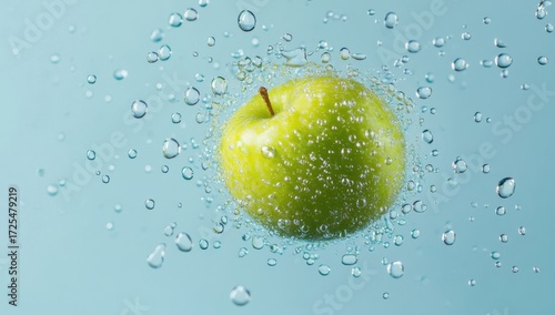 Fresh Green Apple Covered in Water Droplets on Light Blue Background