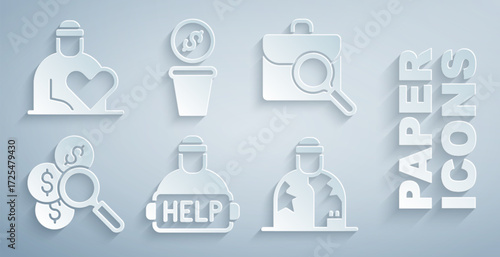 Set Help homeless, Work search, Search for money, Homeless, Donation and Volunteer icon. Vector