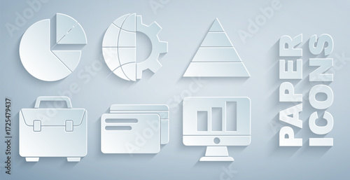Set Credit card, Pyramid chart infographics, Briefcase, Monitor with, Globe of the Earth and gear and Pie icon. Vector