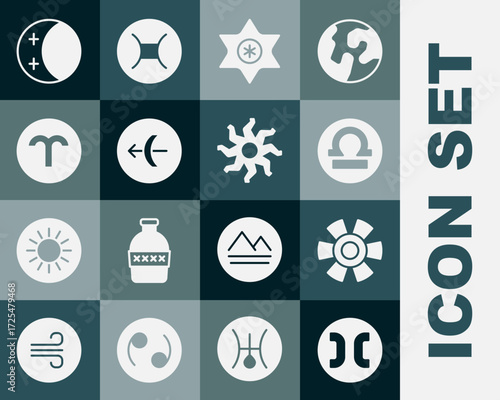 Set Pisces zodiac, Sun, Libra, Falling star, Sagittarius, Aries, Eclipse of the sun and icon. Vector