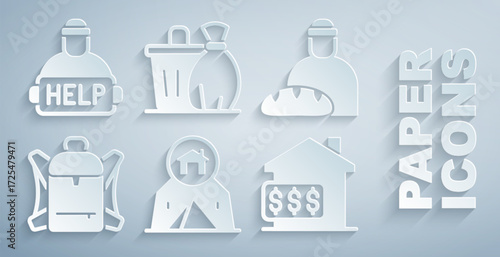 Set Tourist tent, Feeding the homeless, Hiking backpack, House with dollar, Trash can and Help icon. Vector