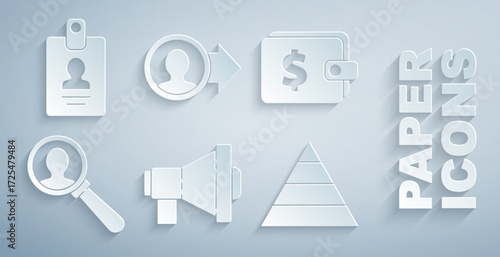 Set Megaphone, Wallet with dollar, Magnifying glass for search people, Pyramid chart infographics, Job promotion and Identification badge icon. Vector