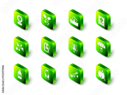 Set Poisoned pill, Radioactive waste in barrel, Fly agaric mushroom, Witch cauldron, Poisonous spider, the arrow and icon. Vector