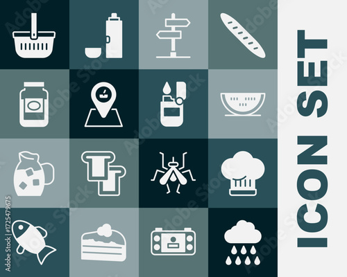 Set Cloud with rain, Chef hat, Watermelon, Road traffic sign, Picnic location, Jam jar, basket and Lighter icon. Vector