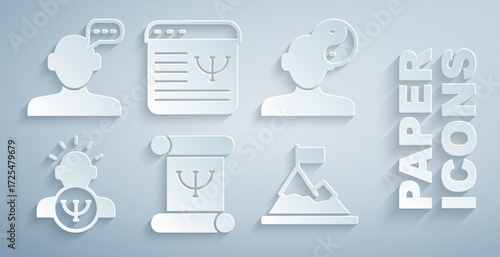 Set Psychology book, Yin Yang symbol, Mountains with flag on top, Online psychological counseling and icon. Vector