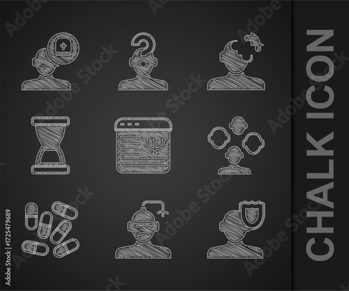 Set Online psychological counseling, Concussion, headache, Psychology, Schizophrenia, Medicine pill or tablet, Old hourglass, Solution problem psychology and Male doctor icon. Vector