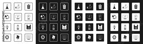 Set Trash can, Location with leaf, Earth globe and, Plant breeding, Leaf hand, Shopping bag recycle and Wind turbine icon. Vector