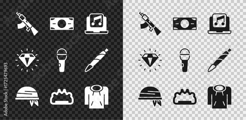 Set Submachine gun, Stacks paper money cash, Laptop with music, Bandana, Brass knuckles, Hoodie, Diamond and Microphone icon. Vector