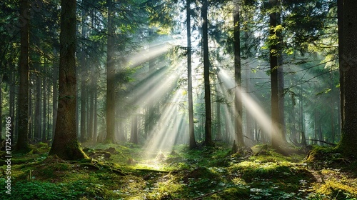 Beautiful rays of sunlight in a green forest