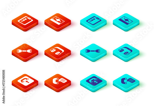 Set Incoming call phone, Telephone conversation, Wrench spanner, Headphones, Stacks paper money cash and Online quiz, test, survey icon. Vector