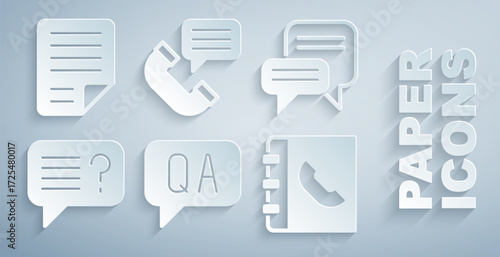 Set Question and Answer, Speech bubble chat, Unknown search, Phone book, Telephone conversation and File document icon. Vector
