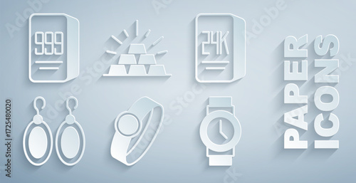Set Gold ring, bars 24k, Earrings, Wrist watch, and icon. Vector