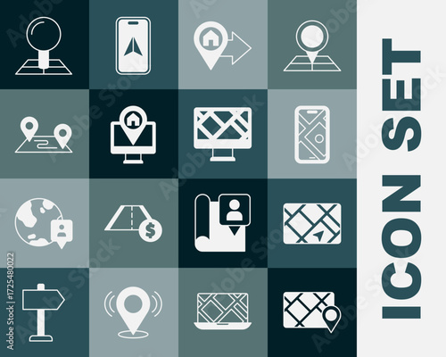 Set Gps device with map, City navigation, Location house, Monitor location, Route, Folded marker and icon. Vector