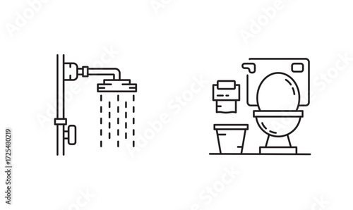 Bathroom and Toilet icon, Public Shower Symbol Outline icon Transparent background Editable Stroke